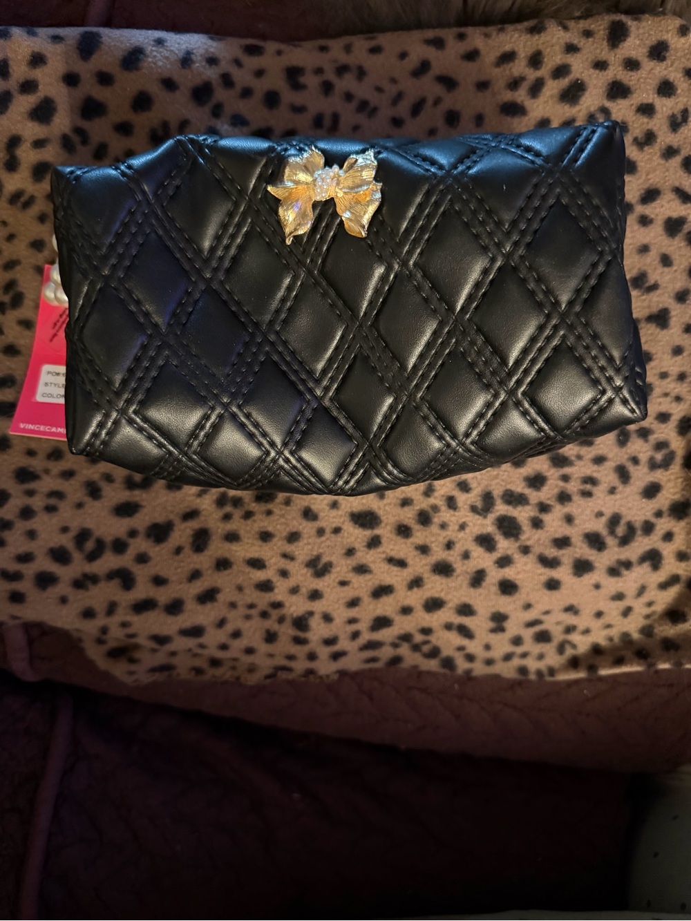 Vince Camuto Black Quilted Cosmetic Bag with Gold Bow Accent